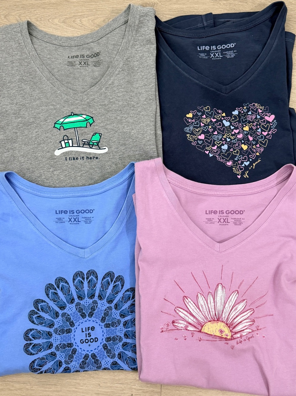 Life Is Good V-neck Crusher Tee Set Gray, Navy, Lt Blue and Orchid Bundle XXL 2X